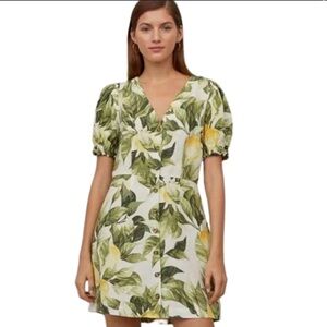 Linen Blend XS Lemon Print Puff Sleeve H&M Spring Summer Button Down Dress